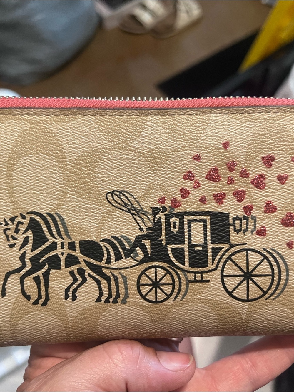 Coach Tan & Black Carriage Wallet with Pink Heart Accents
